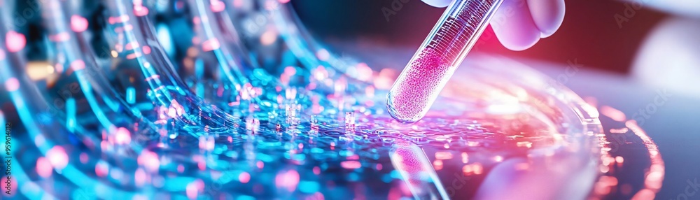 Poster a close-up of a scientist's hand using a pipette in a laboratory, with vibrant, illuminated test tub
