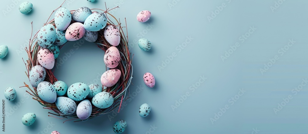 Poster lovely floral arrangement featuring mimosa flowers on a beige background viewed from above area for 