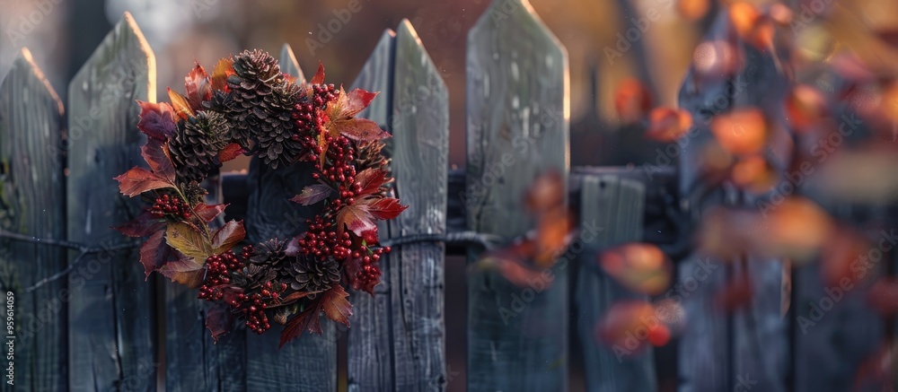Wall mural autumn wreath on a wooden fence close up shot. copy space image. place for adding text and design