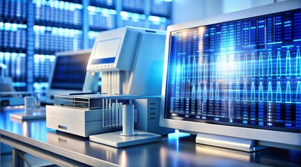 DNA sequencing machine at work in a sterile lab, glowing with digital data streams