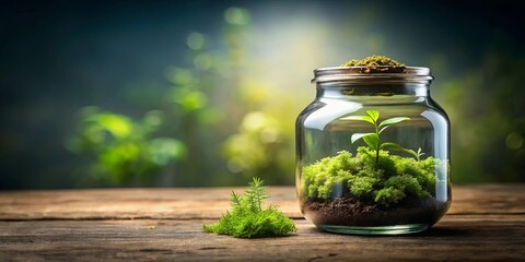 A glass jar filled with lush moss and a single elegant plant sprouting from the top