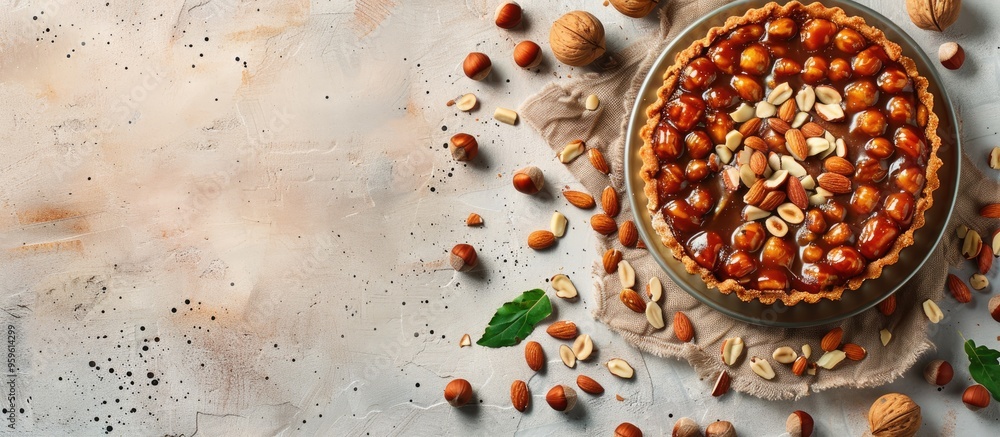 Poster tasty tart featuring caramel almonds and hazelnuts on a light colored concrete backdrop top view fla
