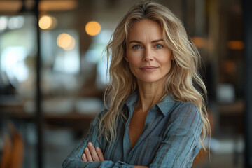 Obraz premium Portrait of middle aged businesswoman CEO standing in office with arms crossed, neutral background with copy space.