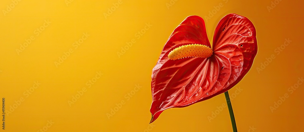 Poster stunning red anthurium against a yellow backdrop minimalistic design space for text. copy space imag