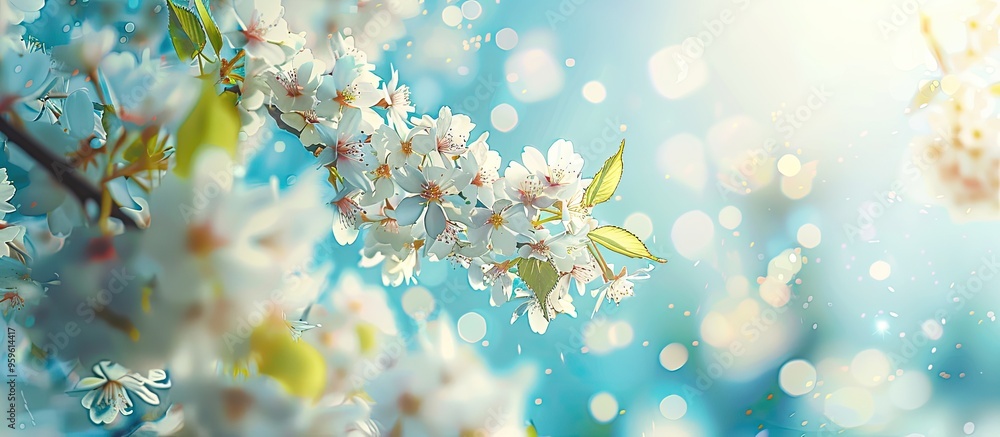 Canvas Prints Macro view of blossoming cherry branches in soft focus against a light blue sky background illuminated by sunlight with copy space A beautiful floral representation of spring nature in a panoramic pe