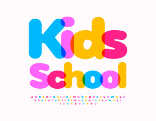 Vector colorful flyer Kids School. Children Cute Font. Creative Bright Alphabet Letters and Numbers set. 