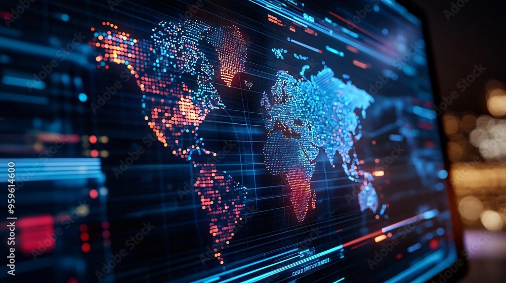 Poster a futuristic digital map of the world showcasing global connections and data visualization in vibran