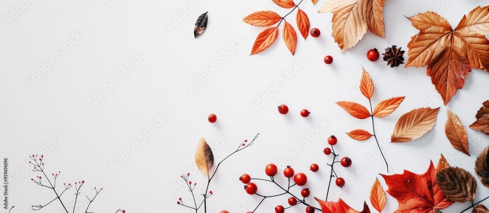 Poster autumn arrangement autumn leaves and berries from various trees and bushes white space available for