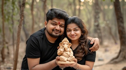 Young indian couple joyfully celebrating ganesh chaturthi with a lord ganesha sculpture in hand