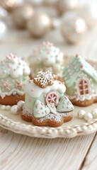 Festive gingerbread houses adorned with colorful icing and decorations, perfect for holiday celebrations and seasonal gatherings.