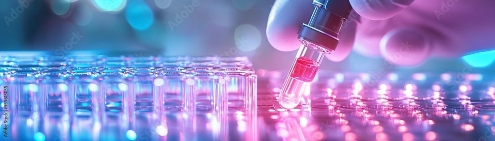 Poster a scientist conducts an experiment with colorful liquids, using a pipette to transfer samples in a m