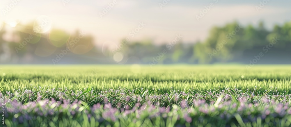 Poster blurred background image of a green field featuring purple. copy space image. place for adding text 