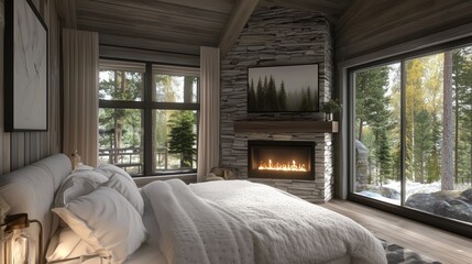 Fototapeta premium Modern cabin bedroom with a stone fireplace and cozy atmosphere.