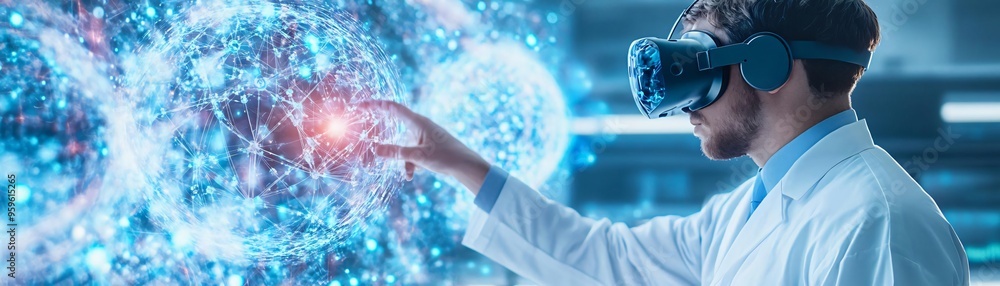 Poster a scientist wearing vr goggles interacts with virtual particles in a futuristic lab environment, sho