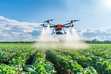 Fototapeta premium drone spraying water and nutrients over a vast vegetable farm, showcasing the efficiency of modern agricultural practices. Ideal for agriculture, technology, and environmental themes.
