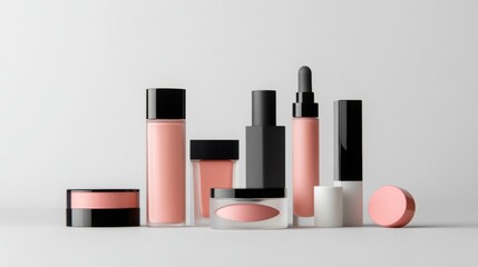 A modern display of cosmetic products including BB cream, blush, and eyeshadow, set against a white background to emphasize their high-quality packaging and design