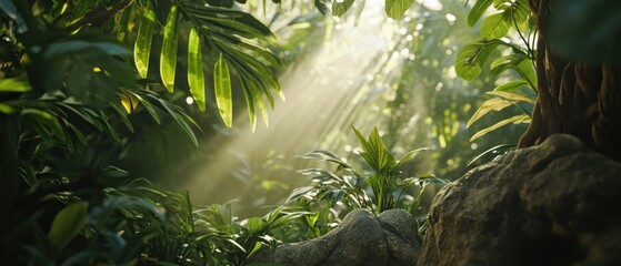 Naklejka premium Sunbeams Filtering Through Lush Tropical Foliage