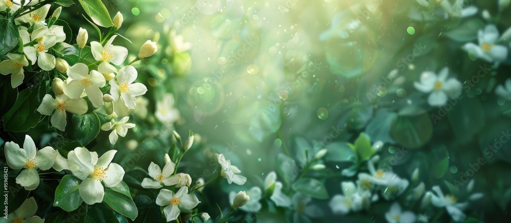 Poster jasmine blooms in the garden. copy space image. place for adding text and design