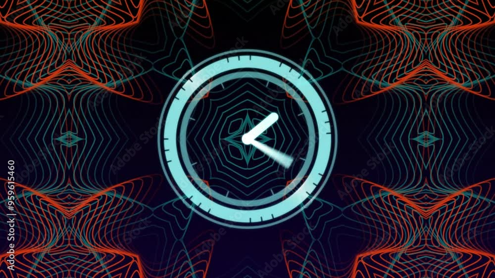 Poster clock animation over geometric patterns with vibrant red and blue lines