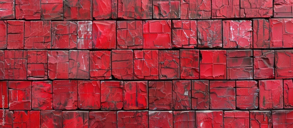 Poster red brick block wall displays a pattern of stacked blocks with a rough surface texture the joints ar