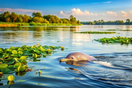 A photo image of an Irrawaddy river dolphin swimming in a serene and calm riverbank environment with lush greenery and water lilies.