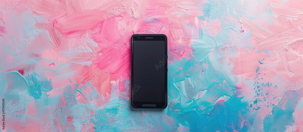 Poster modern smartphone with a black screen set against a textured background of trendy pastel pink blue c