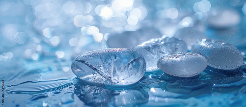 Poster crystal pebbles placed on a blue backdrop. copy space image. place for adding text and design