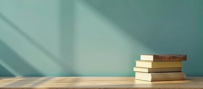 Books placed on the school desk. Copy space image. Place for adding text and design