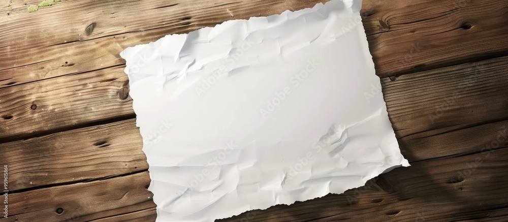 Poster empty paper on wooden table. copy space image. place for adding text and design