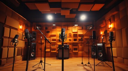 Fototapeta premium A modern recording studio with multiple microphones arranged on stands, soundproof walls, and recording equipment, showcasing a professional music environment