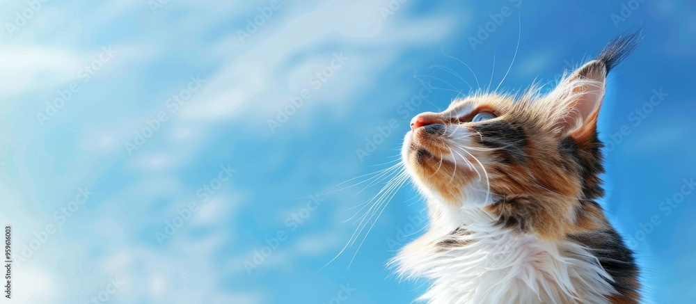 Poster adorable calico cat and bright sky blue. copy space image. place for adding text and design