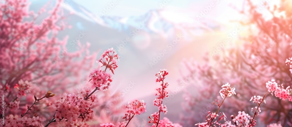 Poster scenery of pink flowers wild himalayan cherry in the background. copy space image. place for adding 