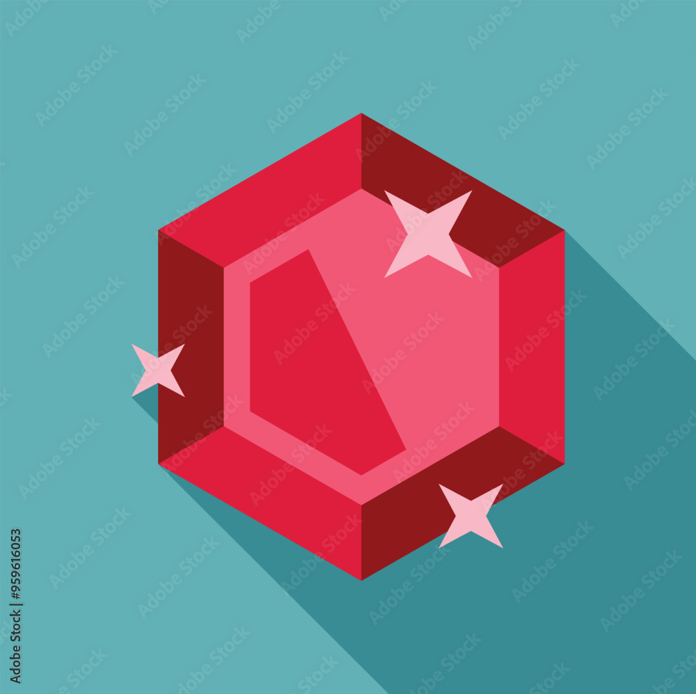 Poster red hexagonal gemstone shining with sparkles on a turquoise background