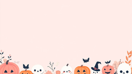 A bright and cheerful flat design Halloween border featuring cute pumpkins and cartoon skulls. The minimalist illustration has simple shapes with a flat color palette dominated by pinks, oranges, and