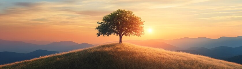 Fototapeta premium Lone Tree on Hilltop at Sunrise Symbolizing Strength and Resilience