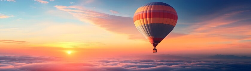 Fototapeta premium Hot Air Balloon Ascending Into Colorful Sky at Sunrise or Sunset