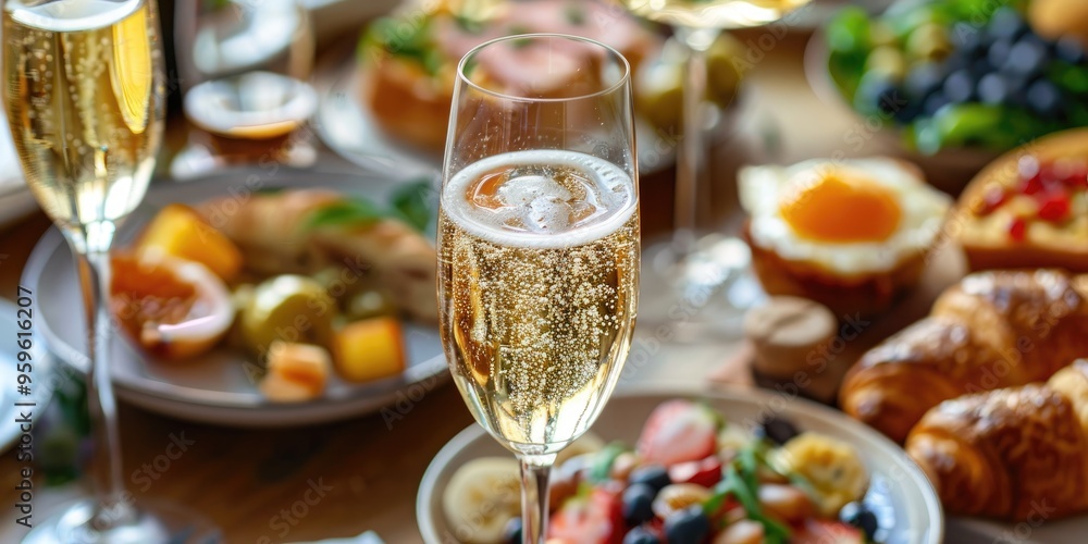 Wall mural a detailed view of a champagne glass set among an array of breakfast and brunch items, such as crois