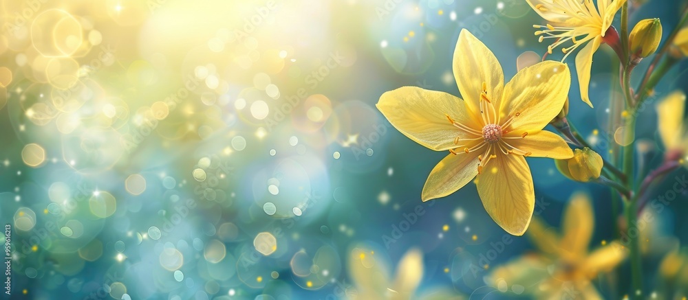 Poster spring backdrop featuring a yellow flower. copy space image. place for adding text and design