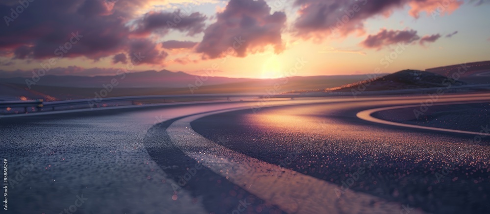 Poster asphalt highway an empty winding road with clouds and sky during sunset. copy space image. place for