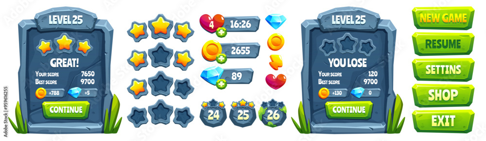 Poster jungle stone game ui sign frame cartoon vector. leaf button, panel element and menu plate isolated f
