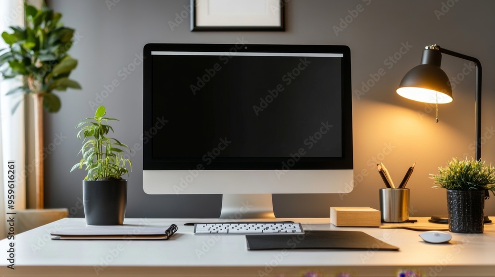 Poster a modern workspace featuring a sleek desk with a computer, notebook, and desk lamp, set against a cl