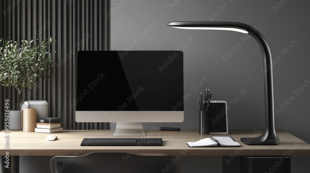 Poster A modern workspace featuring a sleek desk with a computer, notebook, and desk lamp, set against a clean, minimalist background for a professional look