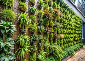 A photo image of a lush and vibrant green wall with air plants and moss clinging to ivy-covered trellises in a modern urban setting.