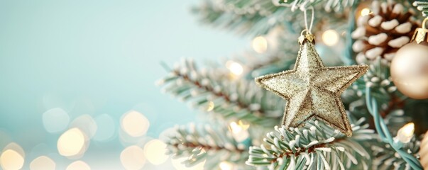 Golden star ornament hanging on a Christmas tree branch with soft bokeh lights in the background, creating a festive atmosphere.