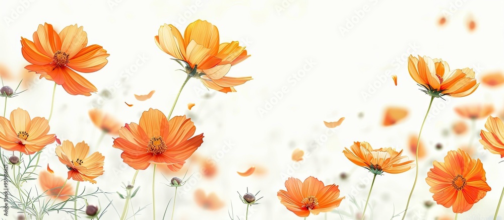Poster orange cosmos flowers in the garden. copy space image. place for adding text and design
