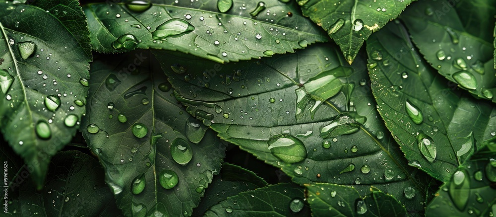 Poster green leaf surface with water droplets. Copy space image. Place for adding text and design