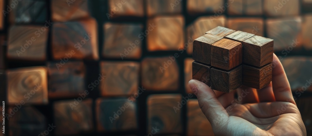 Poster wooden cubes held in a hand with copy space for text input