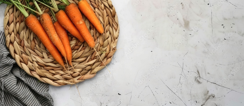 Poster Fresh carrots and a wicker mat on a white grunge backdrop. Copy space image. Place for adding text and design