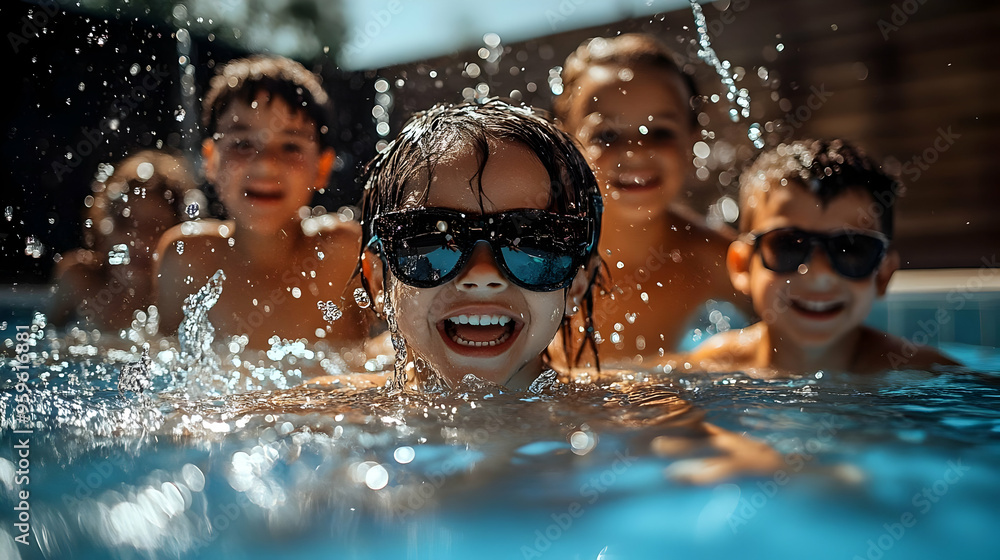 Poster children enjoying a fun day in the pool with splashes and smiles.