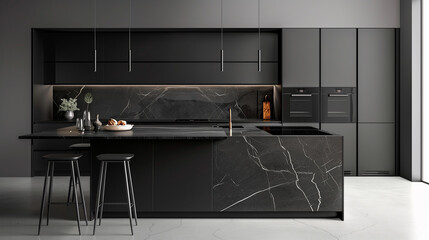 Minimalist kitchen featuring matte black cabinetry, integrated appliances, and a sleek marble countertop, emphasizing form and function in quiet luxury.